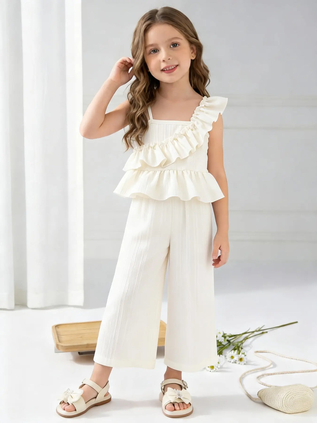 Girls' Summer New Ruffle Strap Wide Leg Pants Set, Sleeveless Top with Multi-Layer Ruffles, Solid Color, Sweet Casual Style, Ages 3-8, Clothes Kids