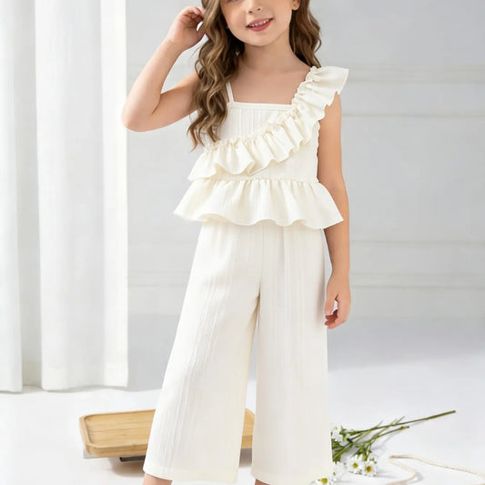 Girls' Summer New Ruffle Strap Wide Leg Pants Set, Sleeveless Top with Multi-Layer Ruffles, Solid Color, Sweet Casual Style, Ages 3-8, Clothes Kids