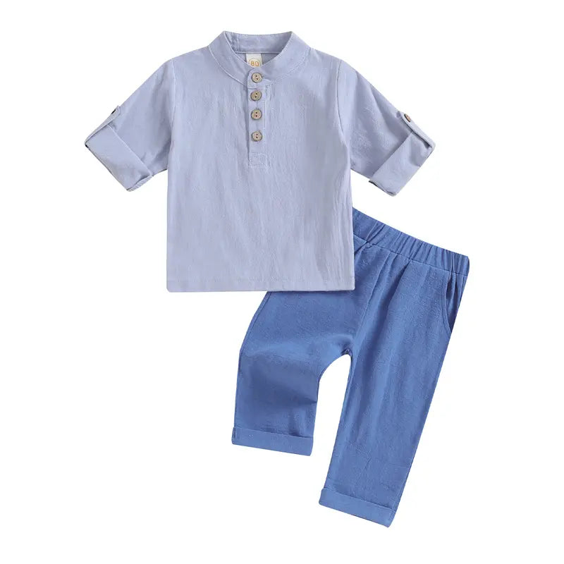 Kids Boys Outfits Solid Color Buttons Short Sleeve Shirts and Elastic Waist Long Pants 2Pcs Clothes Set
