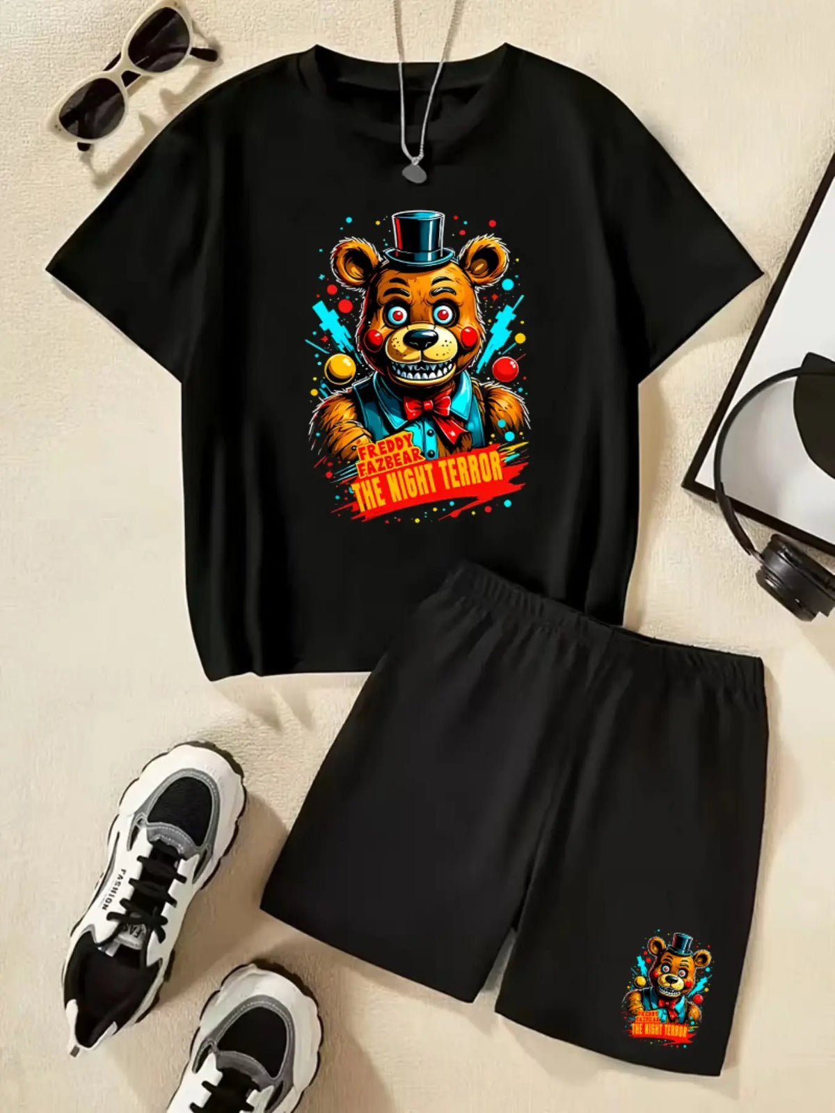 Five Nights At Freddy's Freddy Fazbear Printed Children's Short-Sleeved Set Summer Casual, Comfortable, Fashionable, Everyday, Outdoor Versatile T-Shirt And Shorts Set, Cartoon Printed Set, Ideal Gift Choice