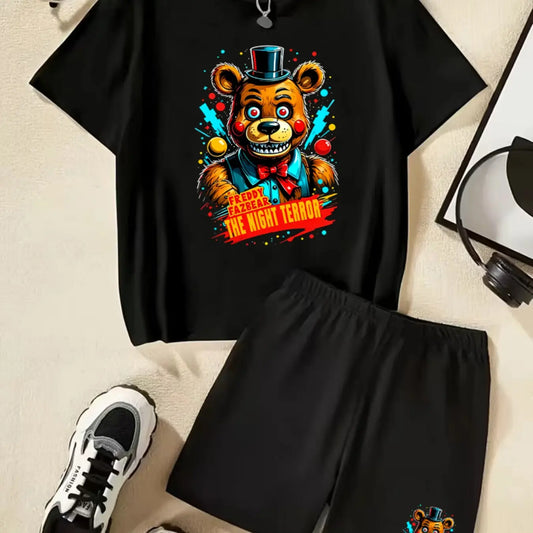 Five Nights At Freddy's Freddy Fazbear Printed Children's Short-Sleeved Set Summer Casual, Comfortable, Fashionable, Everyday, Outdoor Versatile T-Shirt And Shorts Set, Cartoon Printed Set, Ideal Gift Choice