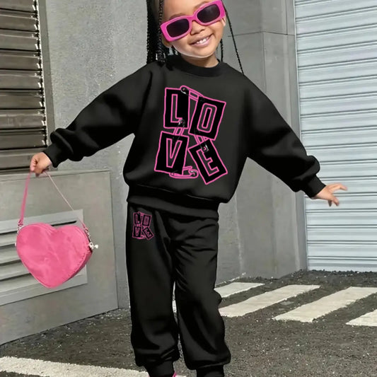 Girls' Casual Fashion Set, Round Neck Sweatshirt & Pants, Letter Print Design, Spring & Fall Wear, Perfect for Daily Activities, Clothes Sets