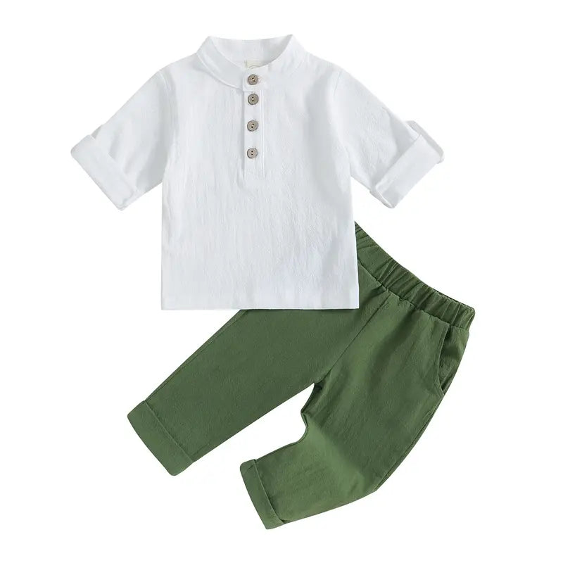 Kids Boys Outfits Solid Color Buttons Short Sleeve Shirts and Elastic Waist Long Pants 2Pcs Clothes Set