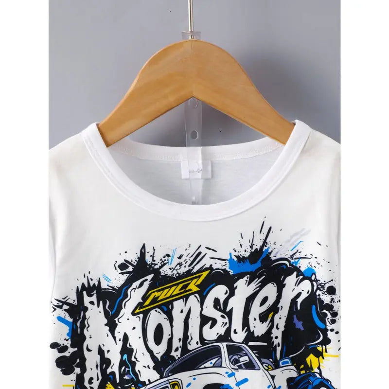 Boys' 2-Piece Fitted Cotton Blend Fashion Outfit - Cool Car Graphic Print, Graffiti Letter Casual Tee, Ripped Denim Shorts, Summer Clothes Kids, 3-8Y White 42404060