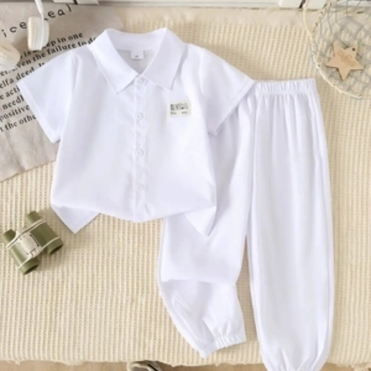Summer Boys' 2-Piece Set, Outfits Set, Solid Color Casual Shirt with Lapel Collar, Short Sleeve, Comfortable Elastic Waist Pants, Fashionable Kids, Matching Set, Clothes Set