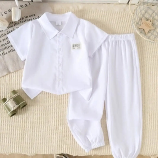 Summer Boys' 2-Piece Set, Outfits Set, Solid Color Casual Shirt with Lapel Collar, Short Sleeve, Comfortable Elastic Waist Pants, Fashionable Kids, Matching Set, Clothes Set